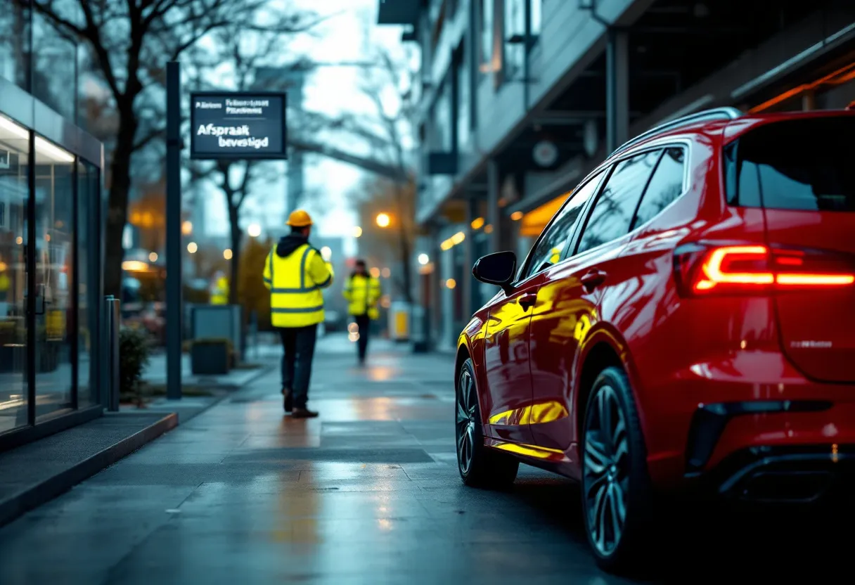 Een fotorealistisch beeld van een rood glimmende tweedehandsauto die een keuringscentrum in Vlaanderen binnenrijdt, met een digitale bord dat 'Afspraak bevestigd' toont en een keurmeester in fluorescerend jasje klaarstaat.