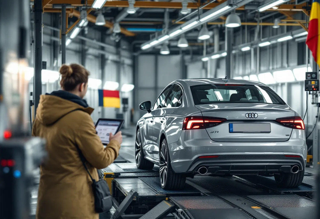 Een fotorealistische scène van een autokeuring in Geel: een zilvergrijze tweedehandsauto staat op een hefbrug in een helder verlicht keuringsstation, terwijl een keurmeester in een geel hesje met een tablet de remmen test en op de achtergrond een Vlaamse vlag en een digitale wachtrijbord zichtbaar zijn.