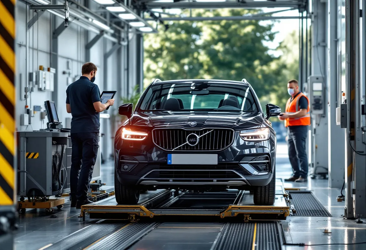 Een personenauto staat op de rollenbank bij de autokeuring in Deerlijk, terwijl een keurmeester de remmen test en de controlepost op de achtergrond zichtbaar is.