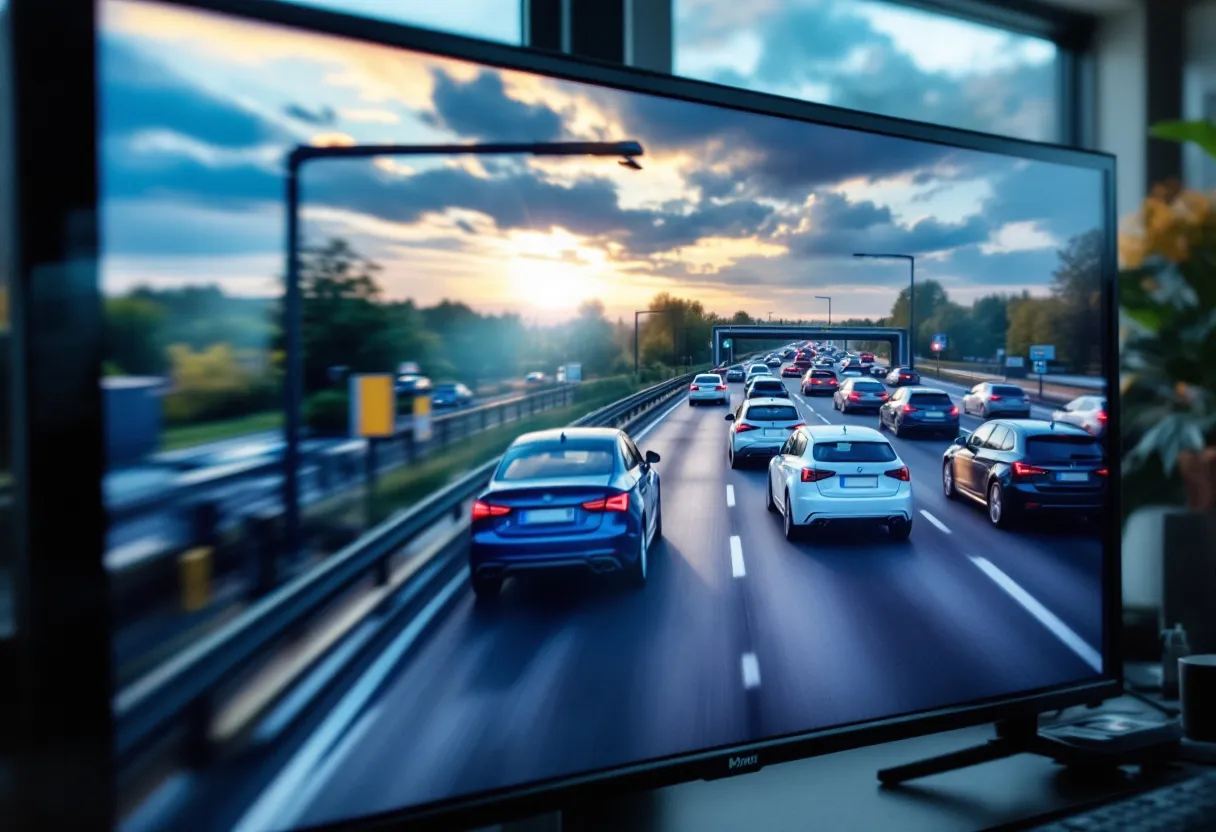 Close-up van een flatscreen die live webcambeelden toont van een autokeuringsstation in Vlaanderen, met een rij auto's die aanschuiven op de keuringsstrook onder een bewolkte hemel.