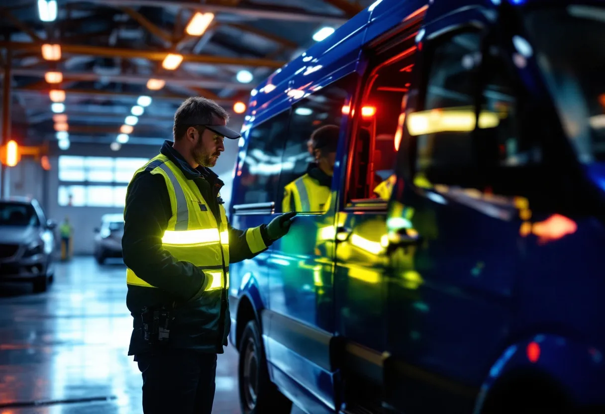 Een helder verlichte keuringshal waar een inspecteur met een fluorescerende jas de profieldiepte van een blauwe personenwagen meet, terwijl op de achtergrond een digitaal wachtrijbord en een rij auto's zichtbaar zijn.