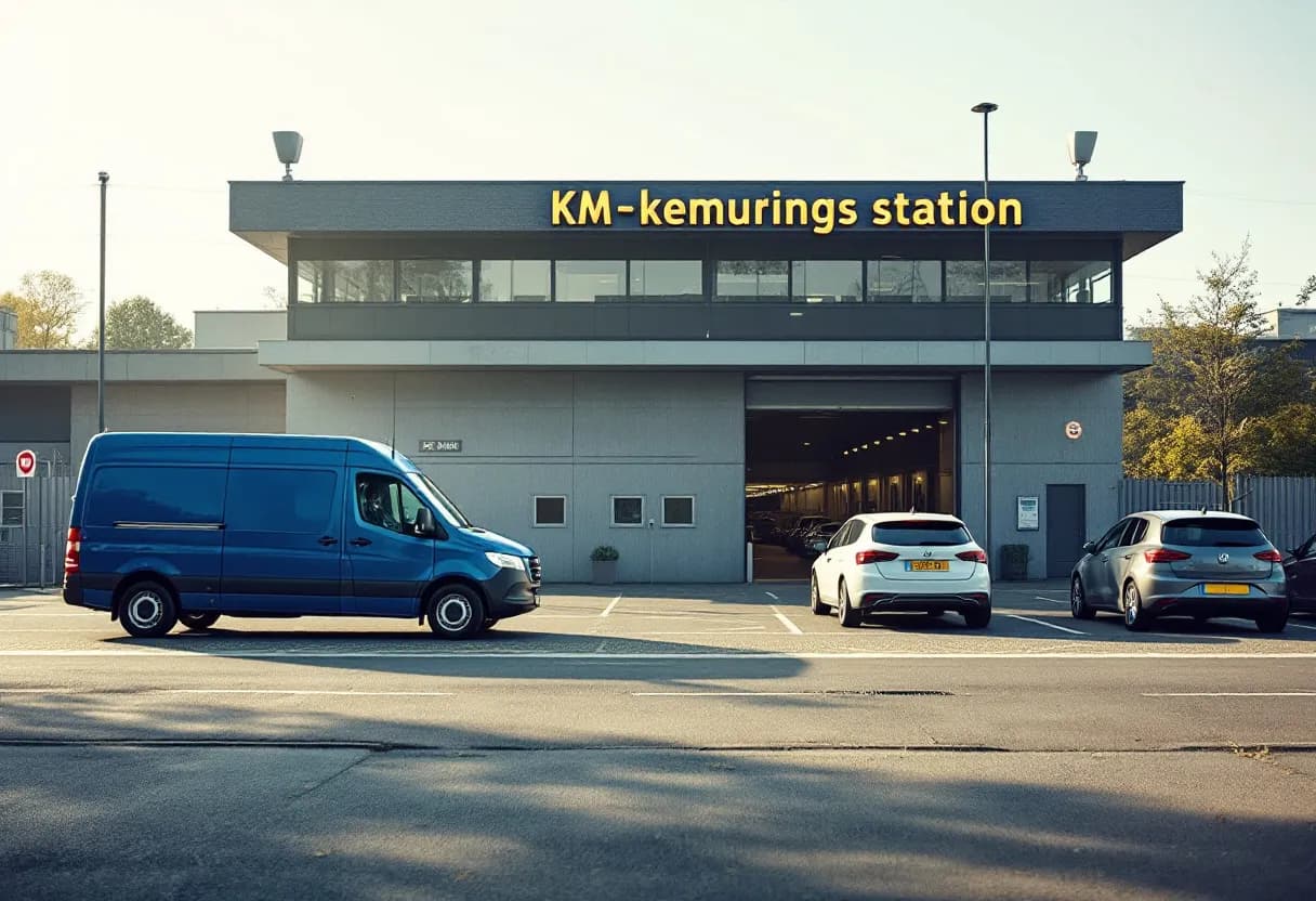 Een zonnige herfstvoormiddag aan het KM-keuringsstation in Oostende, waar een blauwe personenwagen de inspectiehal binnenrijdt en enkele andere auto's op de parking wachten met het stationsgebouw op de achtergrond.
