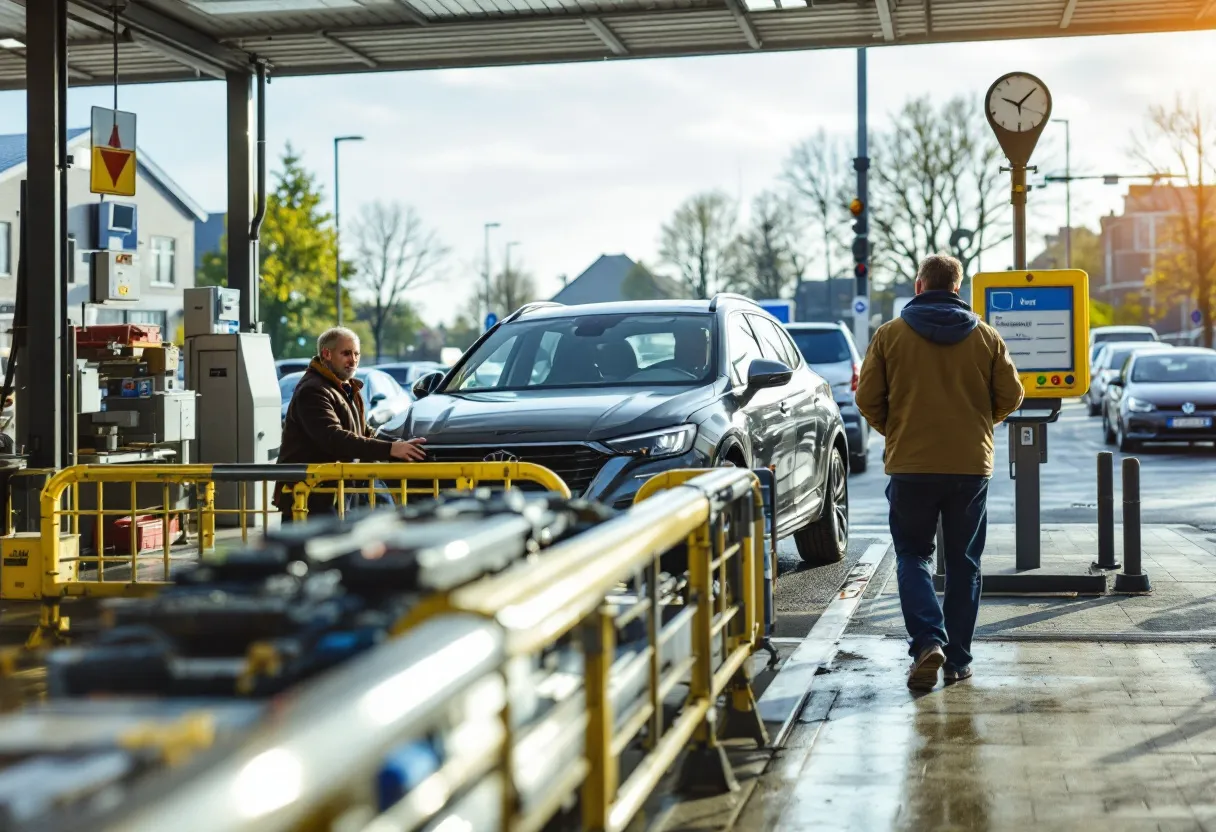 Een fotorealistische scène van een autokeuringsstation in Dendermonde met een tweedehandsauto op de brug en een potentiële koper die overlegt met een keurmeester.
