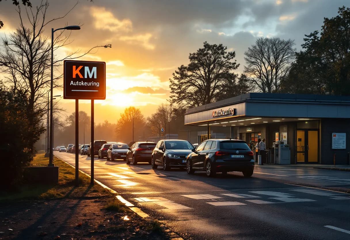 Een fotorealistisch beeld van het autokeuringsstation in Zwevegem met een lijn auto's die wachten op keuring, een duidelijk bord met 'KM Autokeuring' bij de ingang en een heldere ochtendlucht typisch voor Vlaanderen.