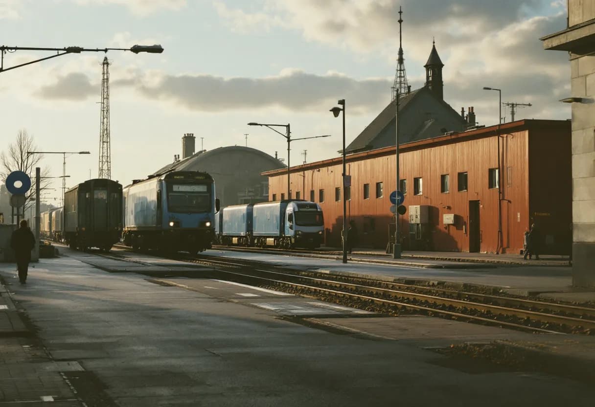 Een fotorealistische foto van het keuringsstation Antwerpen-Noorderlaan op een zonnige ochtend, met enkele wagens in de aanschuifstrook en de karakteristieke rode gevel van het gebouw zichtbaar.