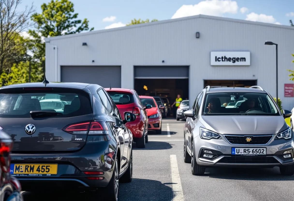 Een zonnige voormiddag aan het KM-autokeuringsstation in Ichtegem: een rij auto's wacht rustig voor de ingang terwijl een keurmeester in gele jas een grijze hatchback inspecteert. Op de achtergrond de witte keuringshal en een bord met 'Ichtegem'.