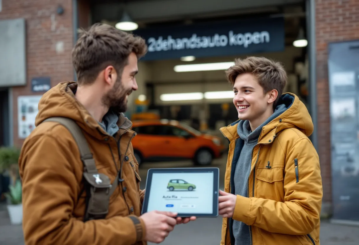 Een jong koppel staat naast een compacte tweedehandsauto voor een Vlaamse garage, met op de achtergrond een banner '2dehandsauto kopen' en een tablet waarop de Auto Ria interface zichtbaar is.