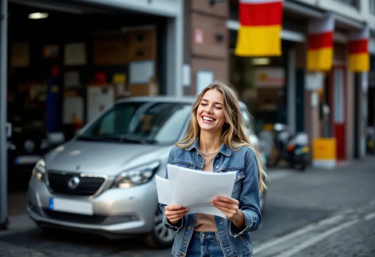 Een jonge vrouw in Antwerpen bekijkt een zilverkleurige tweedehands hatchback, terwijl ze lacht en de autopapieren vasthoudt bij een garage met Vlaamse vlaggen op de achtergrond.