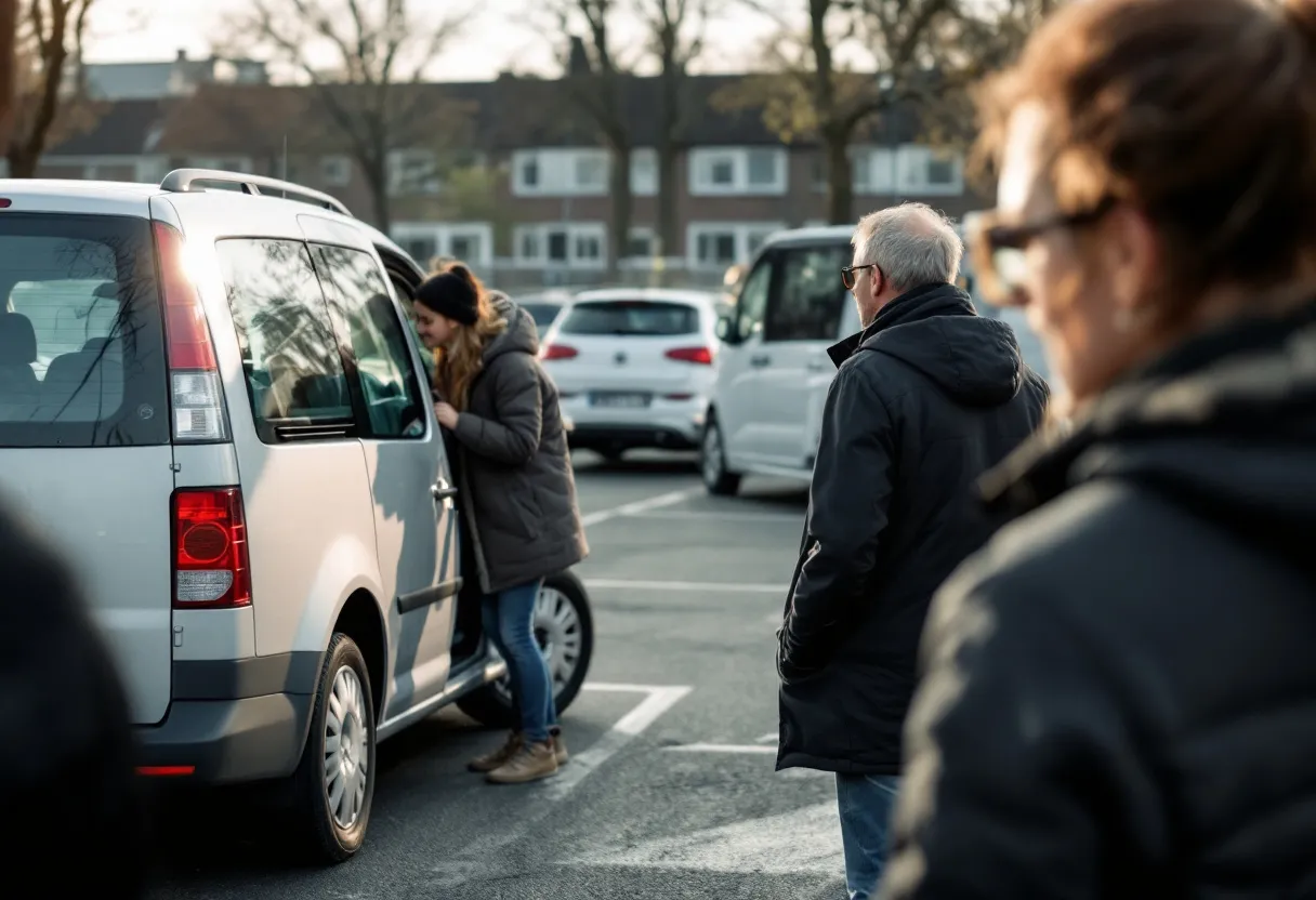Een gezin bekijkt een zilveren gezinswagen op een zonovergoten parkeerplaats in Antwerpen, klaar voor een proefrit door Vlaanderen.