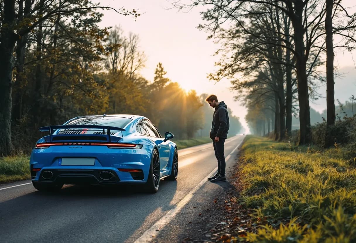 Een stijlvolle blauwe sportcoupé uit 2018 staat geparkeerd langs een landelijke Vlaamse weg, met een jonge koper die de auto inspecteert terwijl de zon ondergaat.
