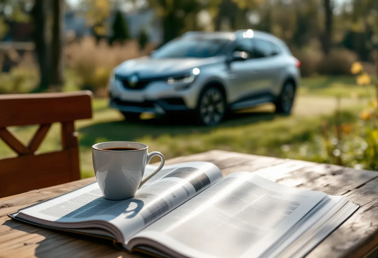 Een open tijdschrift van Auto hebdo op een houten tafel naast een kop koffie, met op de achtergrond een zilverkleurige tweedehandsauto die blinkt in de zon op een Vlaamse oprit.