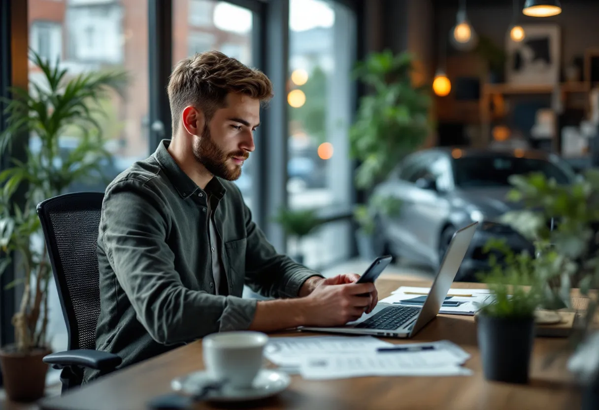 Een jonge bestuurder zit aan een bureau met een laptop en smartphone, terwijl hij online een afspraak maakt voor de autokeuring; naast hem liggen autopapieren en een kop koffie, en door het raam is zijn net gekochte tweedehandsauto zichtbaar op de oprit.