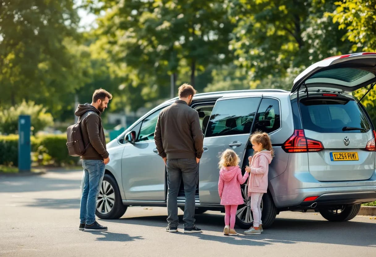 Een gezin met twee kinderen staat naast een ruime zilveren 7-zitter MPV op een zonnige Vlaamse parking, terwijl de vader de koffer opent en de moeder de autostoelen inspecteert.