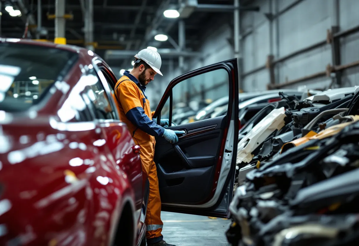 Een fotorealistisch beeld van een druk autodepollutiecentrum: een medewerker in werkoverall demonteert zorgvuldig een autodeur, terwijl rijen gestapelde gebruikte auto-onderdelen op de achtergrond wachten op keuring.