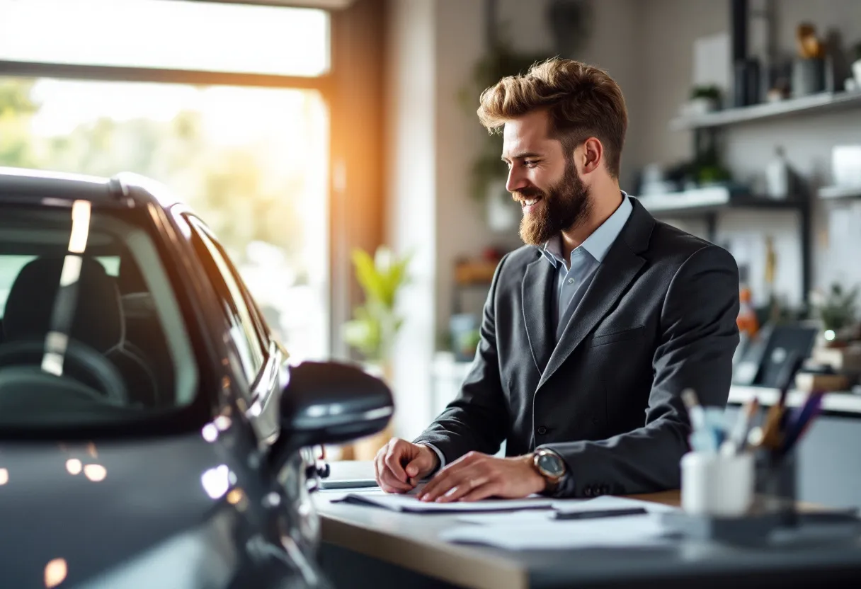 Een glimlachende jonge chauffeur ontvangt de sleutels van een zilvergrijze tweedehandsauto van een vriendelijke garagist in een Vlaamse garage, terwijl op het bureau een geopende verzekeringspolis en de autopapieren liggen.