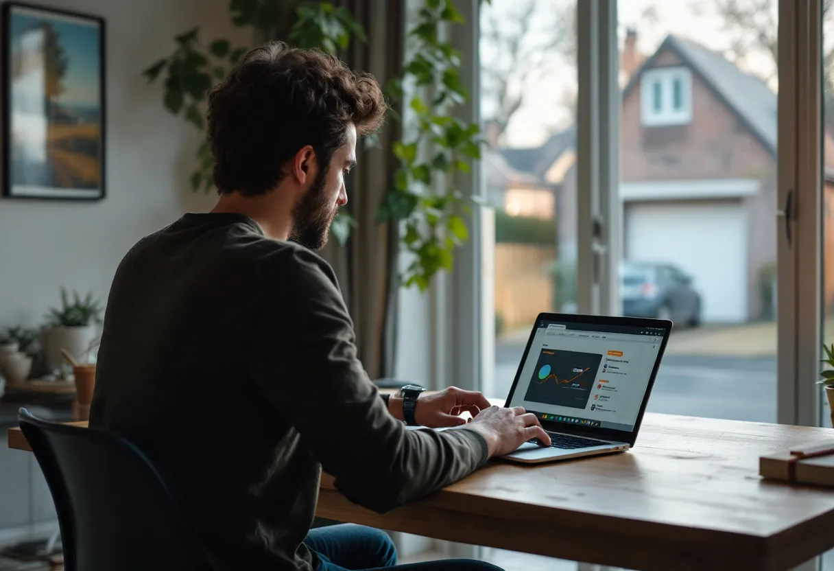 Een jonge man zit aan een tafel in een lichte Vlaamse woonkamer, met een laptop waarop een autokostenvergelijking tussen leasen en kopen te zien is, terwijl op de achtergrond door het raam een straat met een garage zichtbaar is.
