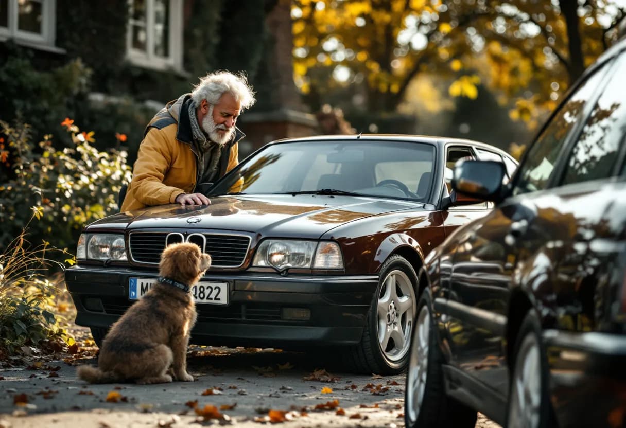 Een tevreden Vlaming bekijkt zijn glanzende tweedehands auto op een zonovergoten oprit, terwijl een doos met auto-onderdelen van Mister Auto naast de auto staat.