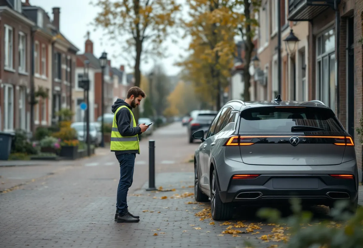 Een zonovergoten Vlaamse dorpsstraat met een modern grijs elektrisch voertuig geparkeerd voor een laadpaal, terwijl een jonge bestuurder zijn smartphone raadpleegt.