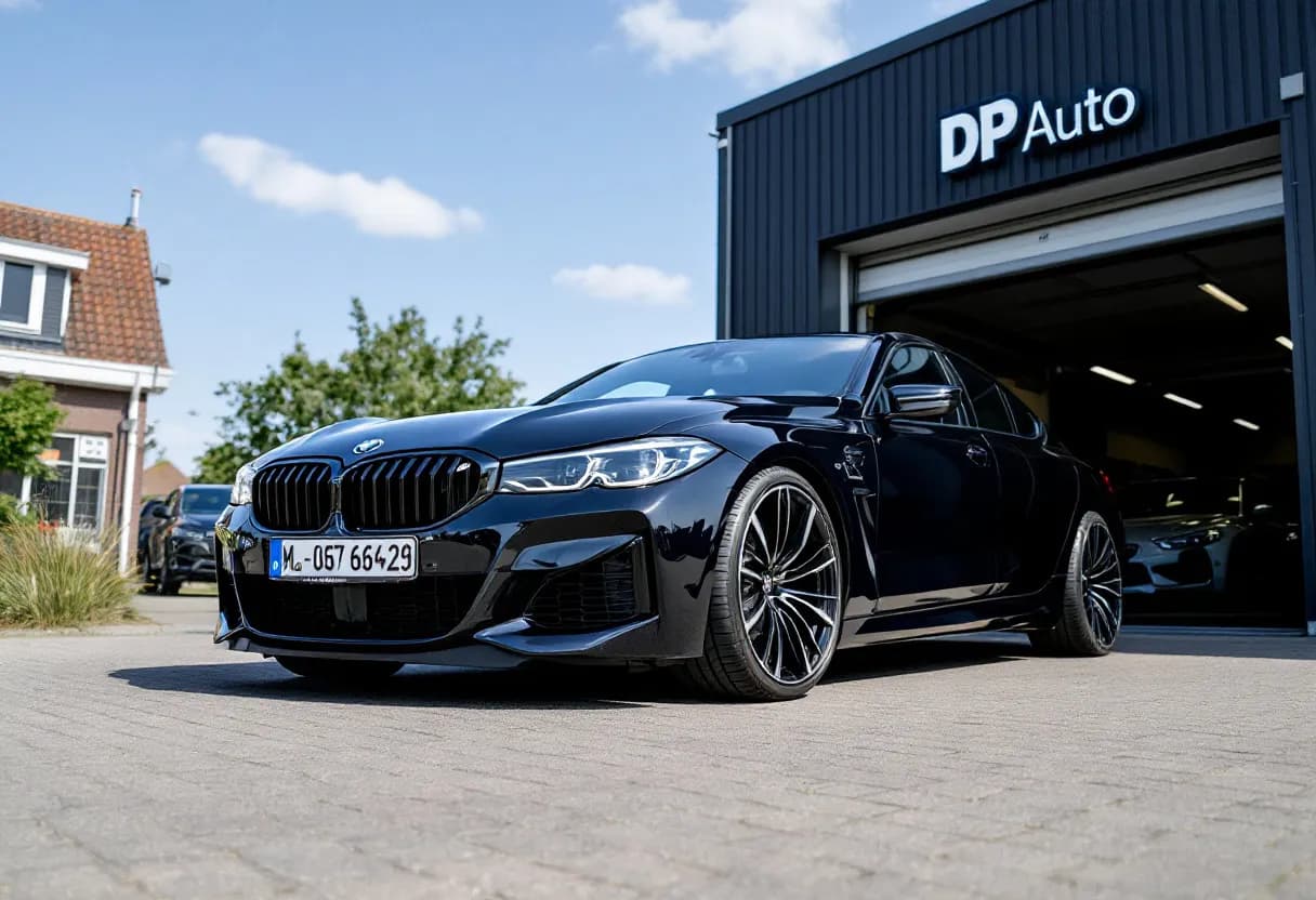 Een glanzende zwarte BMW op de oprit van een autogarage met het bord 'DP Auto' in Hooglede, onder een heldere blauwe lucht.