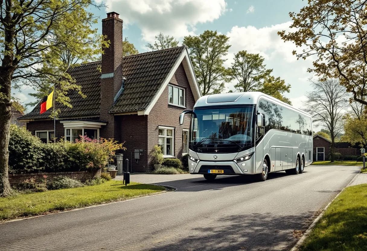 Een zilverkleurige Ligier JS50 brommobiel geparkeerd op een Vlaamse kasseiweg voor een bakstenen huis met een Belgische vlag.