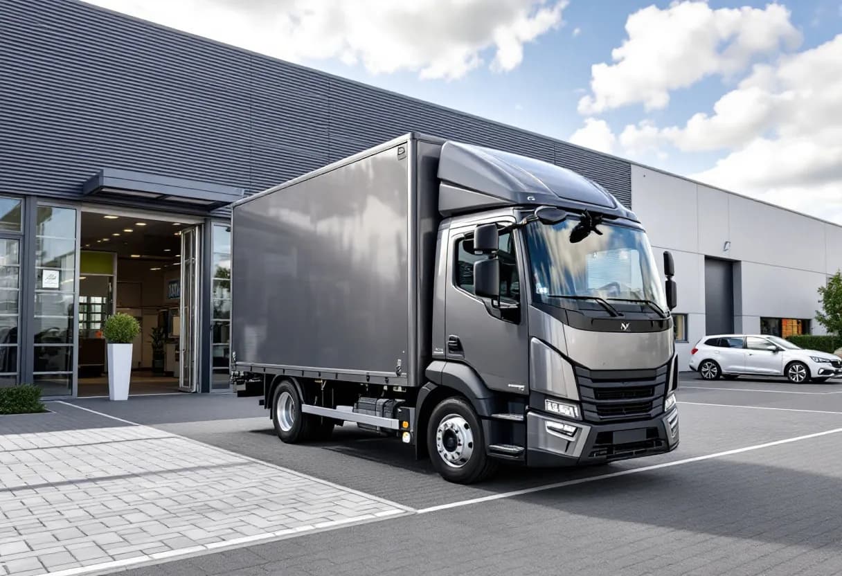 Een grijze Maxus eDeliver 7 bestelwagen geparkeerd voor een modern magazijn in Vlaanderen, met laadkabel aangesloten.