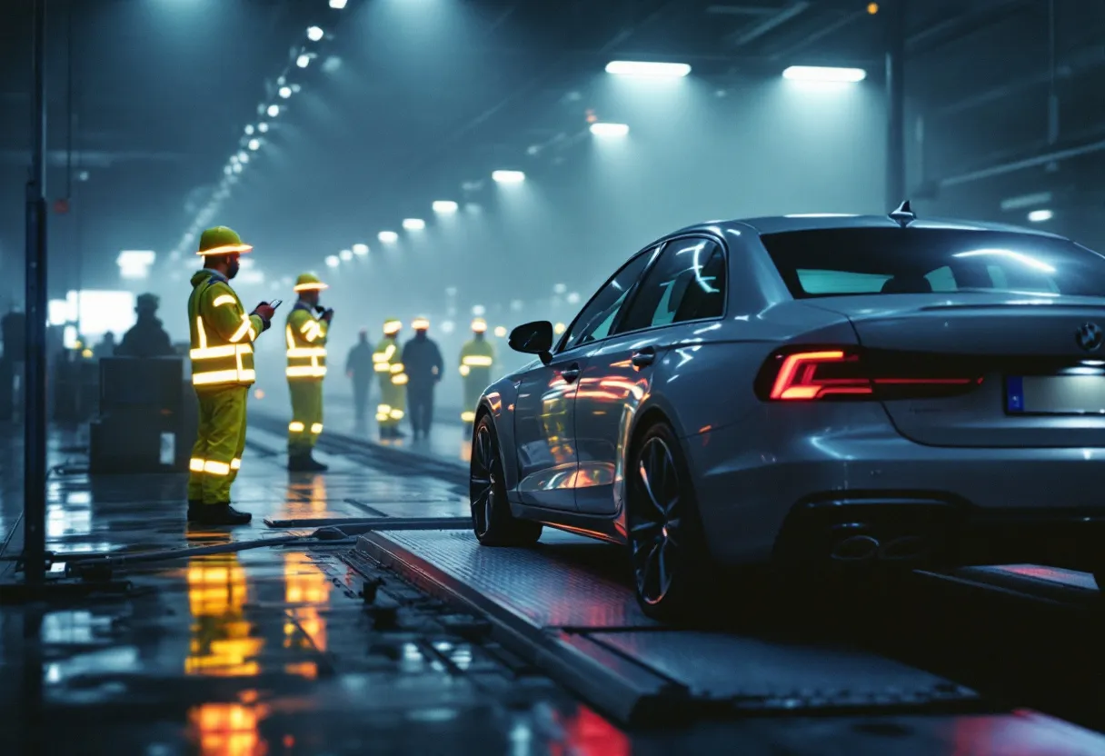 Een helder verlichte autokeuringshal in Diksmuide waar een grijze middenklasse auto op een remmentestbank staat, omringd door keurmeesters in fluorescerende hesjes die de wielen inspecteren.