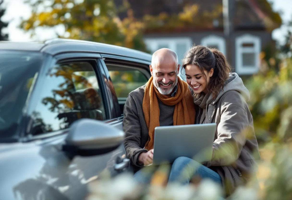 Een jonge vrouw en man bekijken een autoverzekeringsvergelijker op een laptop terwijl ze naast een zilvergrijze tweedehands hatchback in een typische Vlaamse landelijke oprit staan, met een rijtjeshuis op de achtergrond.