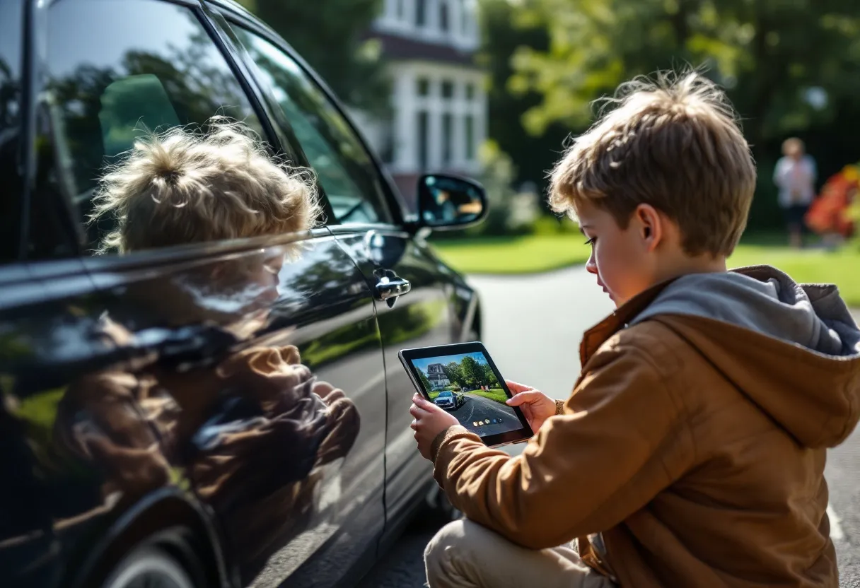 Een jonge koppel bekijkt een glanzende tweedehandsauto op een zonnige oprit in een Vlaamse woonwijk, met een tablet waarop een autoleningvergelijker openstaat.