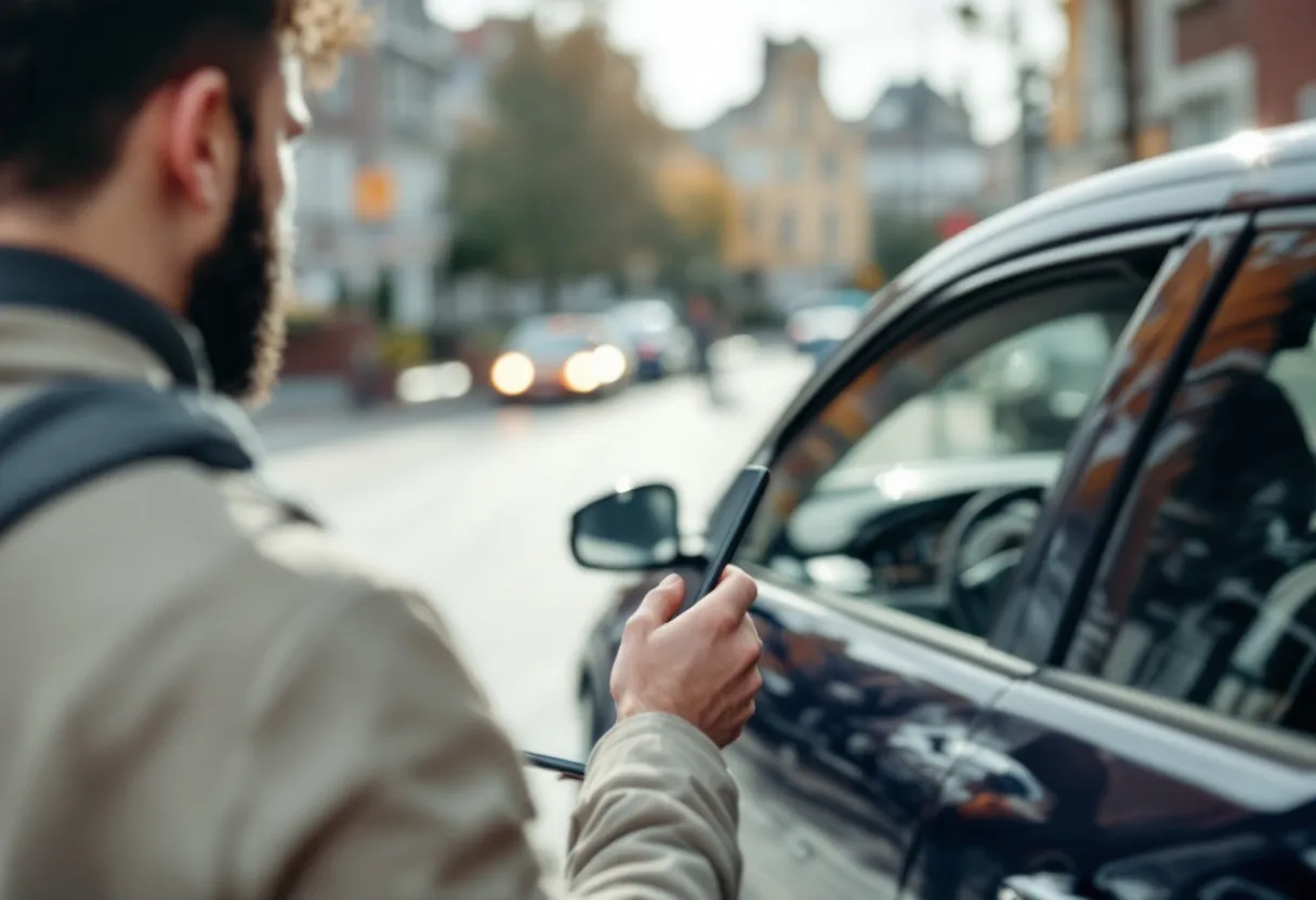 Een jonge man met een tablet toont een AXA-verzekeringspolis terwijl hij bij een glanzende tweedehandsauto staat in een typisch Vlaams straatbeeld.