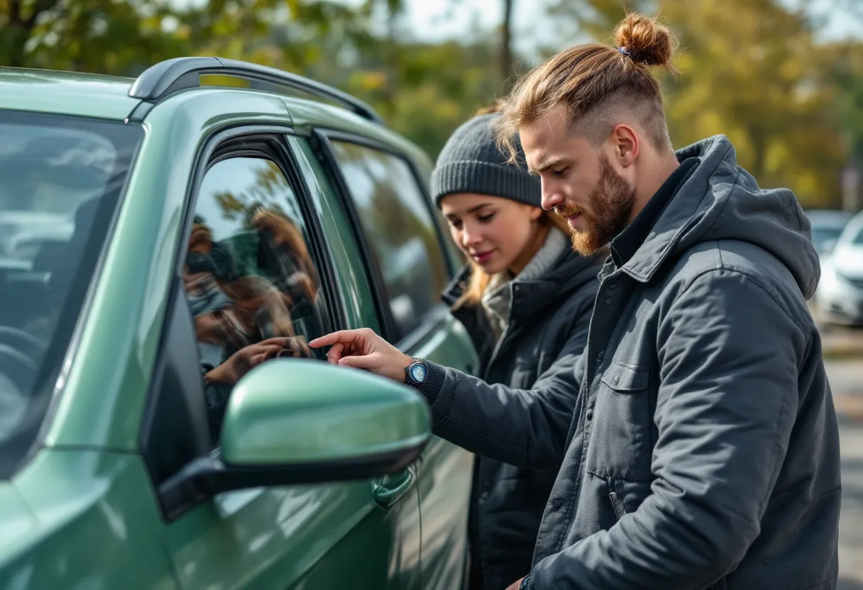 Een jonge bestuurder bestudeert het groene keuringsrapport van een zilvergrijze tweedehandsauto op een zonnige parking in Antwerpen, terwijl een vriendin naast hem de motorruimte bekijkt.