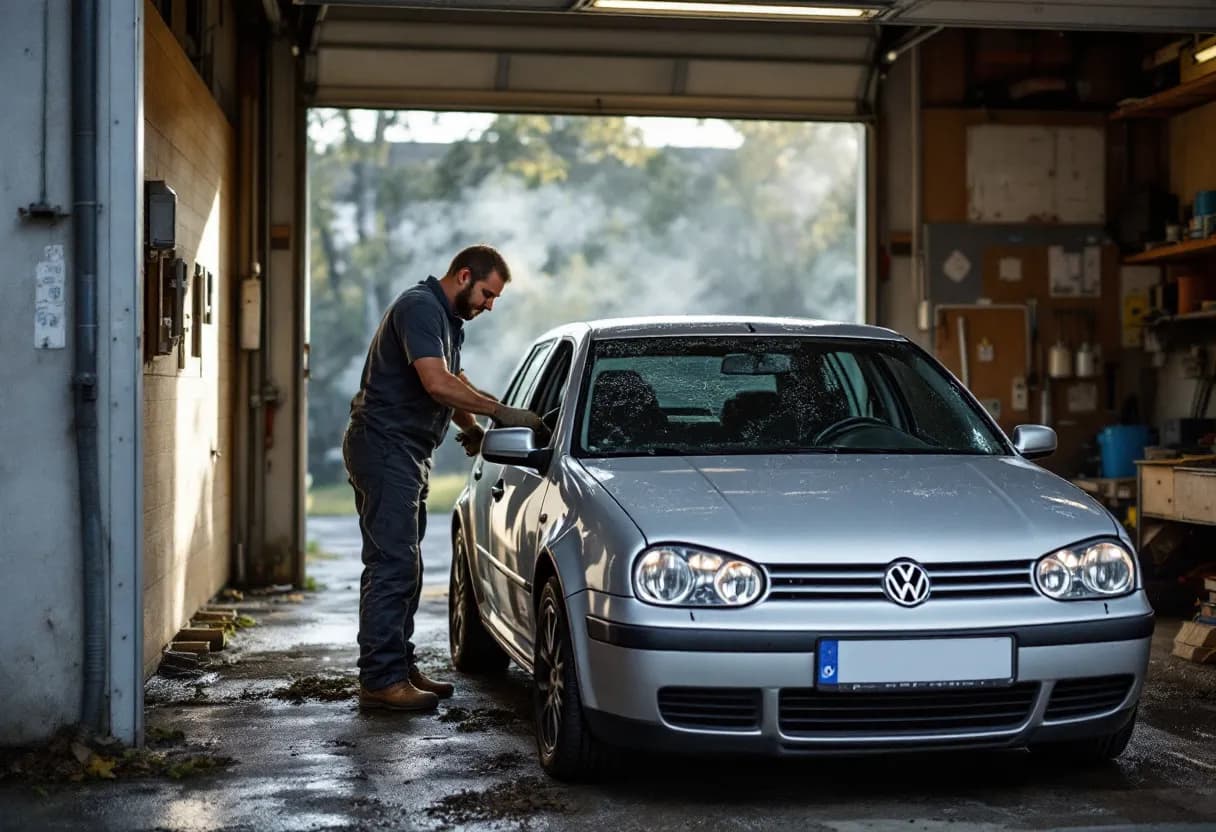 Detailfoto van een monteur die de oliepeilstok controleert bij een zilverkleurige Volkswagen Golf, met op de achtergrond een Vlaamse garage met bakstenen muur en gereedschapswand.