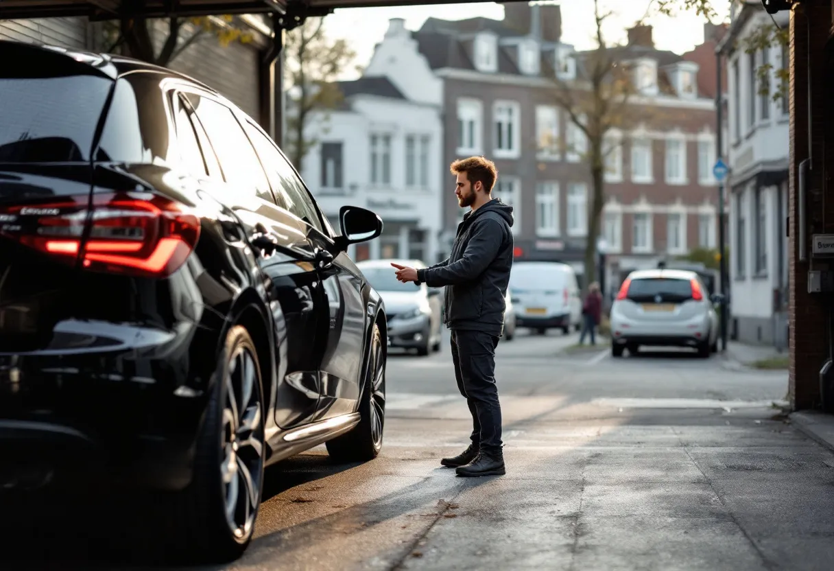 Een fotorealistische foto van een jonge bestuurder die een zwarte tweedehandsauto inspecteert voor een garage in Anderlecht, met een straatnaambord 'Bergense Steenweg' zichtbaar en kenmerkende Brusselse bakstenen gebouwen op de achtergrond.