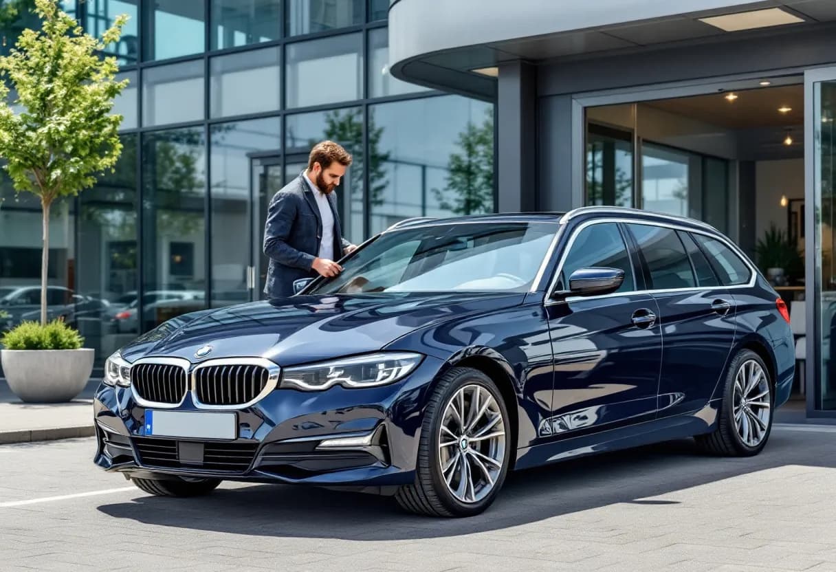Een glanzende darkblauwe BMW 3 Serie touring staat op een oprit van een autodealer in Kruishoutem, met een modern glazen gebouw op de achtergrond en een klant die een proefrit maakt op een zonnige lentedag.