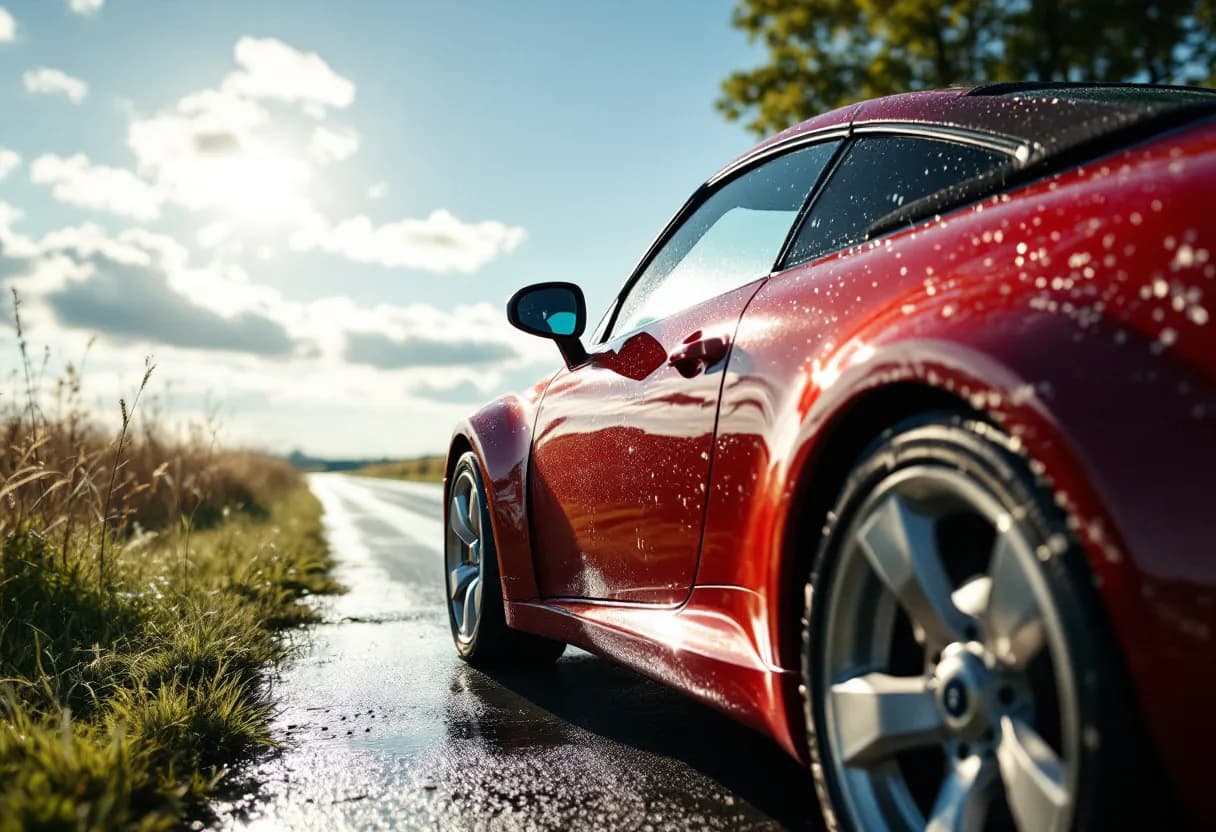 Een zorgvuldig gewassen rode auto glinstert in de zon op een Vlaamse oprit met een emmer, spons en autoshampoo ernaast.