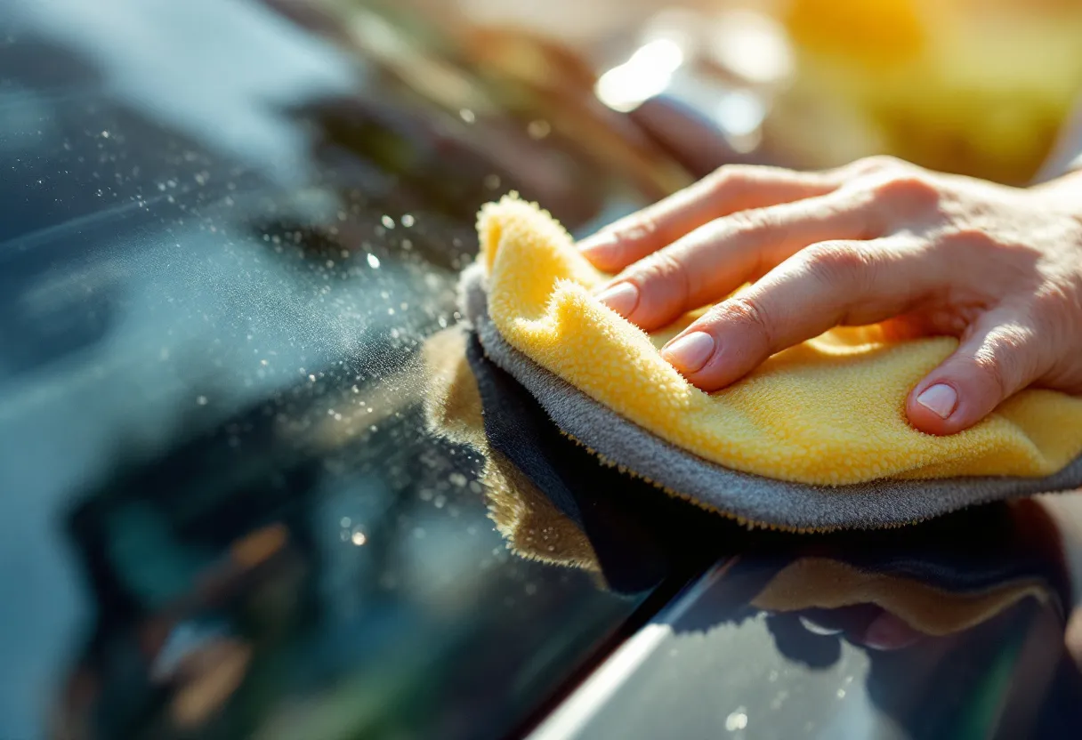Close-up van een autolak waarin een diepe kras zichtbaar is, terwijl een hand met een polijstpad en krasverwijderaar de kras behandelt, met zonlicht dat reflecteert op de lak.