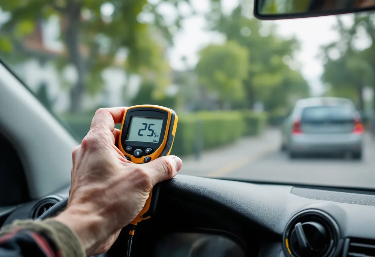 Een hand met een digitale bandenspanningsmeter drukt op het ventiel van een autoband; op de achtergrond de kasseien van een Vlaamse dorpsstraat en een roestvrijstalen geparkeerde tweedehandsauto.