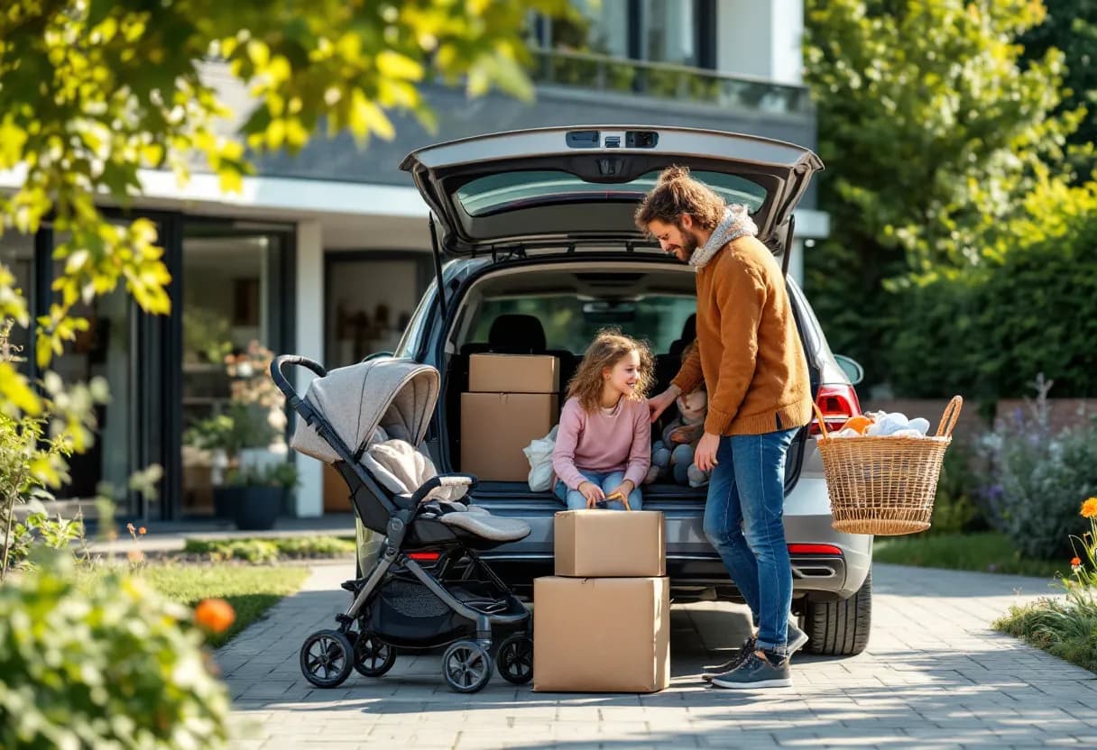 Een jong Vlaams gezin met twee kinderen laadt een grote koffer en een buggy in een ruime tweedehands stationwagen op de oprit van een moderne woning met een groene tuin op een zonnige lentedag.