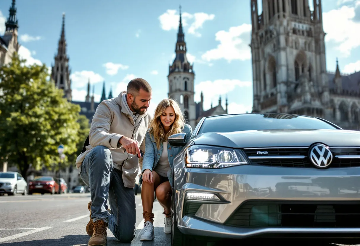 Een glimlachende man en vrouw inspecteren een zilveren tweedehandsauto op een zonnige parking in Brugge met de historische Belforttoren zichtbaar op de achtergrond.