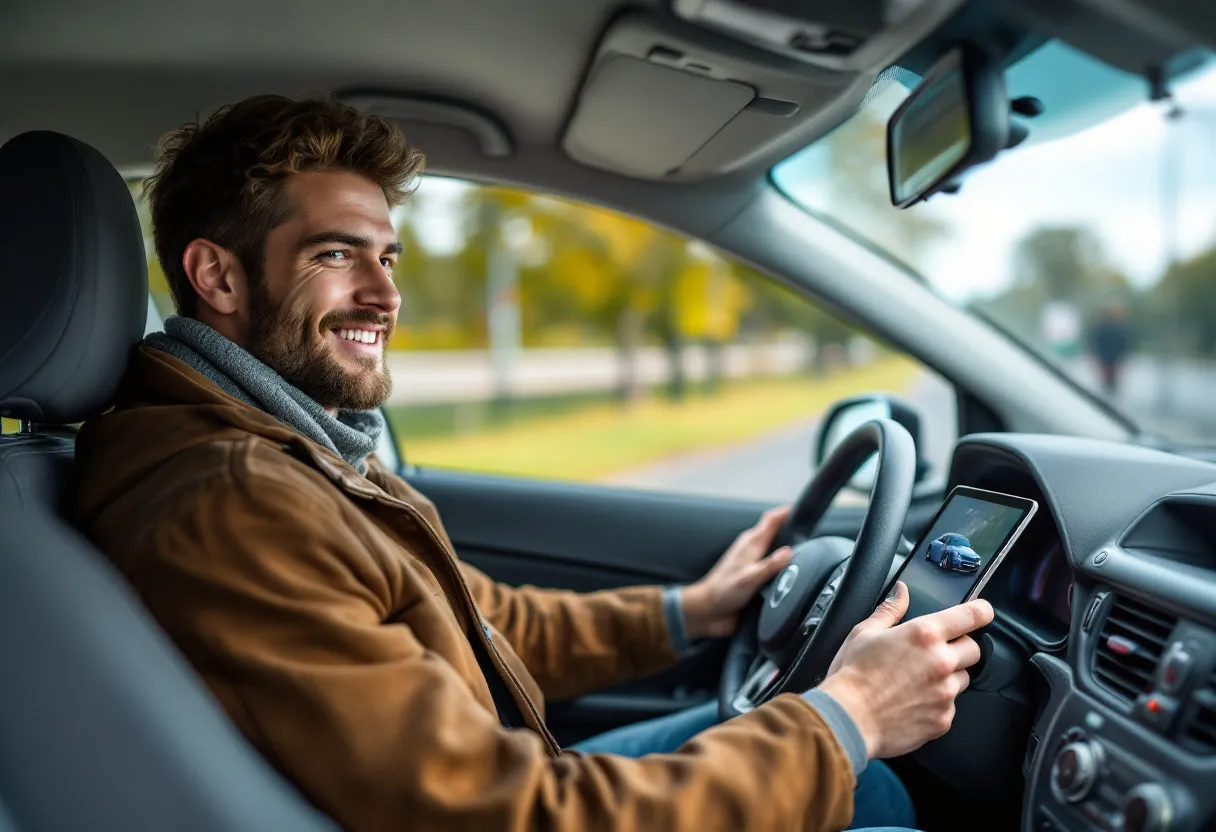 Een jonge chauffeur met een ontspannen glimlach zit achter het stuur van een zilverkleurige tweedehands hatchback, terwijl een tablet op de passagiersstoel een vergelijkingsscherm van auto's toont, op de achtergrond een zonnige Vlaamse kustweg met fietsers.