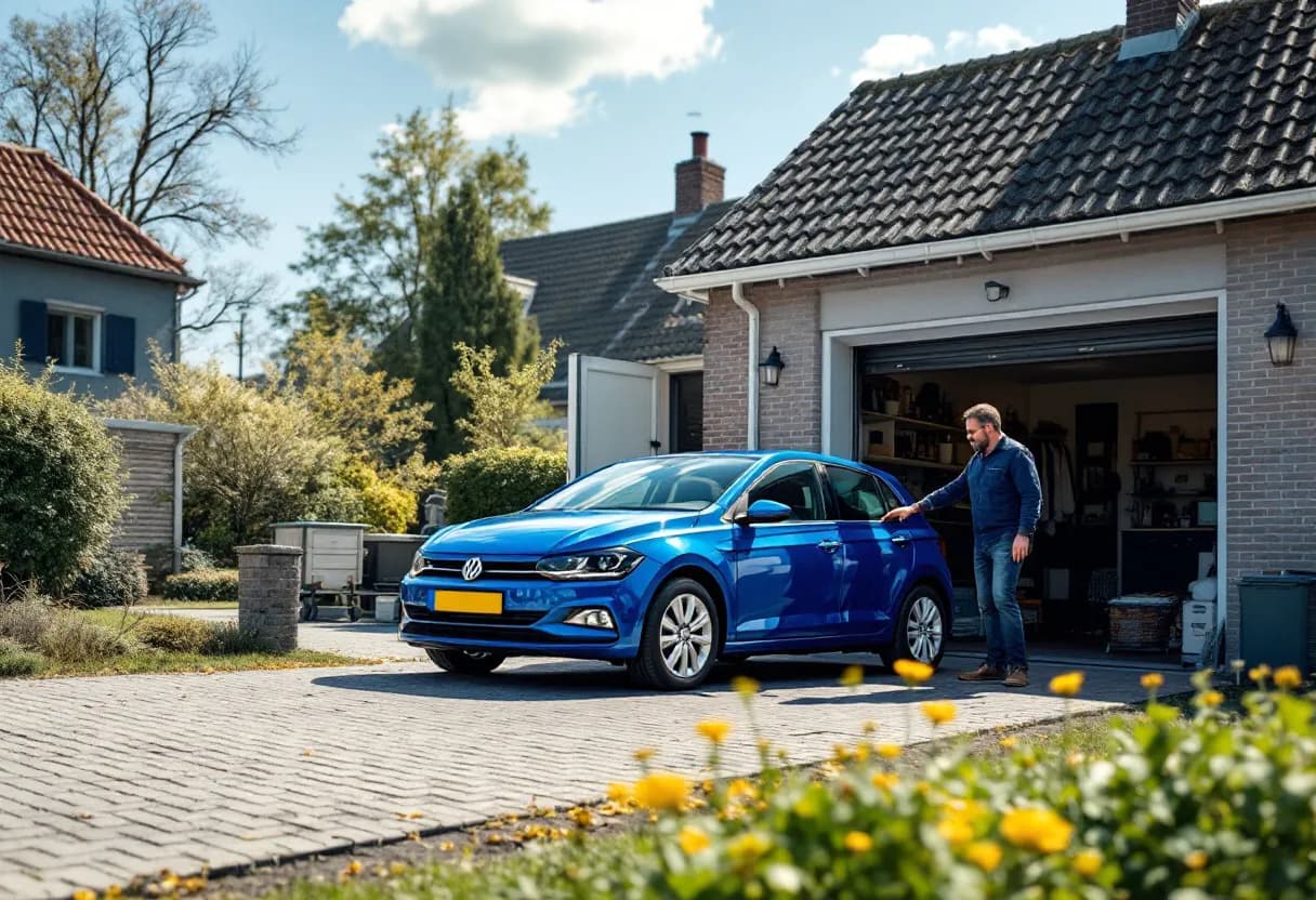 Een fotorealistische scène van een man die een blauwe Volkswagen Polo inspecteert voor een typisch Vlaams bakstenen huis, met een openstaande garagedeur en een opkoper die een klembord vasthoudt.