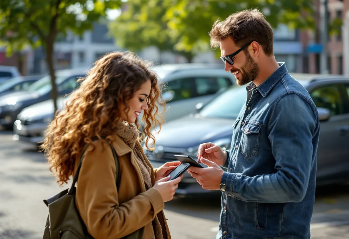 Een fotorealistisch beeld van een jonge vrouw en een man die voor een rijkleurige tweedehandsauto's op een zonnige parkeerplaats in een Vlaamse stad staan, terwijl ze op een tablet een auto-vergelijkingsapp bekijken die hun ideale match toont.