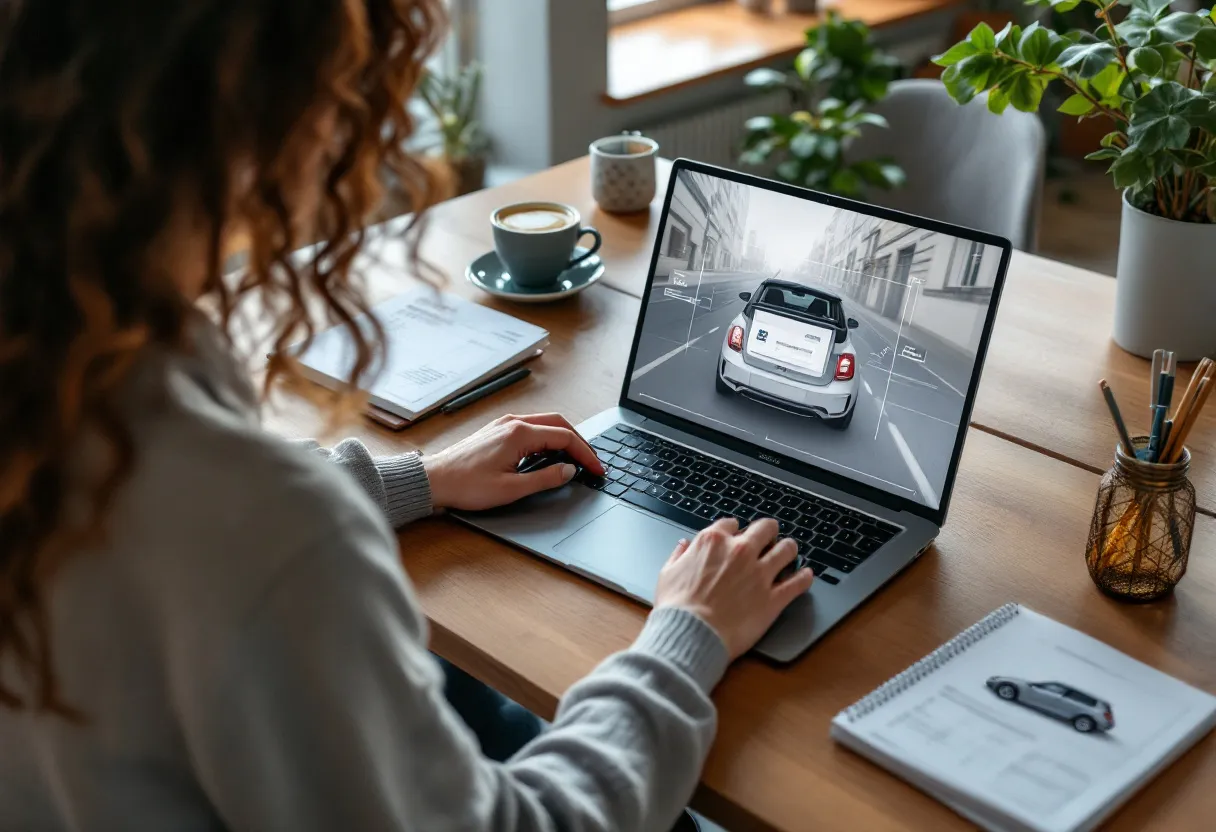 Een jonge vrouw zit aan een houten tafel met een laptop die een autolening-simulatiescherm toont, naast een kop koffie, een notitieblok met berekeningen en een afbeelding van een compacte tweedehandsauto, in een gezellige woonkamer overdag.