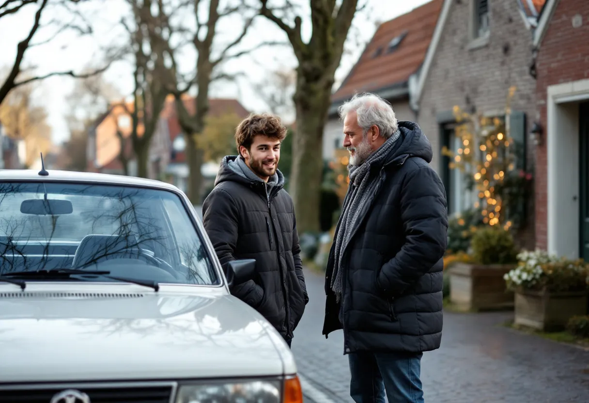 Een jonge koper bekijkt een tweedehandsauto bij een particuliere verkoper in een rustige Vlaamse straat met typische huizen, terwijl de verkoper uitleg geeft over de onderhoudshistoriek.