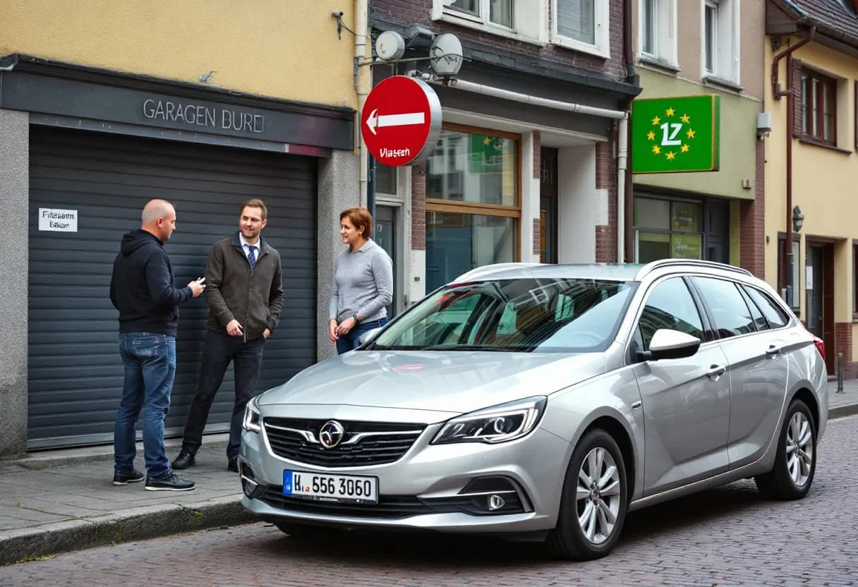 Een helder straatbeeld in een Duitse stad, met een zilverkleurige tweedehands gezinsauto geparkeerd voor een garage, een Vlaamse koper in gesprek met de Duitse verkoper, een Duits kenteken op de auto en een vlag van de Europese Unie zichtbaar op de nummerplaat.