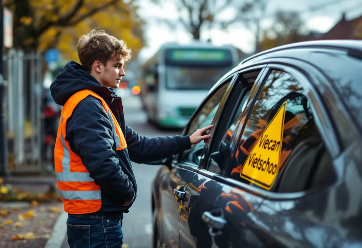 Een jonge bestuurder naast een betrouwbare tweedehandsauto voor een Vlaamse rijschool, met veiligheidssticker op de voorruit.