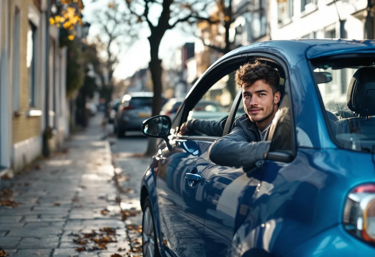 Een jonge bestuurder zit ontspannen achter het stuur van een glanzende blauwe compacte auto die geparkeerd staat op een rustige straat in een Vlaamse buitenwijk, terwijl de ondergaande zon door de voorruit schijnt.