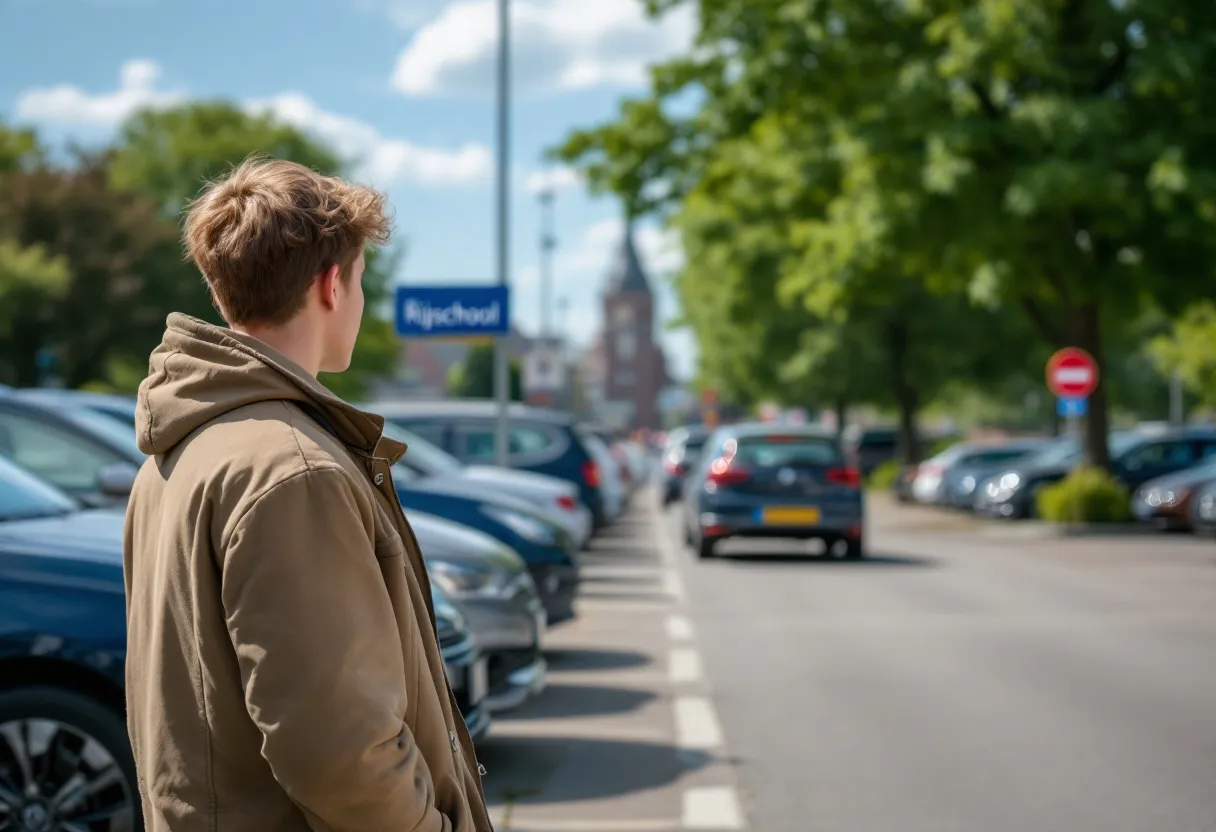 Een jonge bestuurder bekijkt een rij tweedehandsauto's op een zonnige parkeerplaats in een Vlaamse stad, met op de achtergrond een bord 'Rijschool'.
