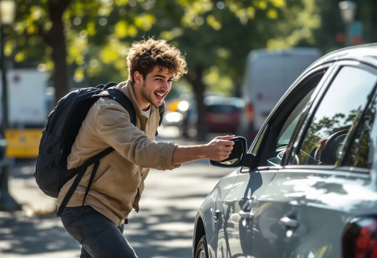 Een jonge bestuurder met een stralende lach leunt tegen een glanzende compacte tweedehandsauto op een zonnige parkeerplaats in een Vlaamse stad, met een rijschoolbord zichtbaar op de achtergrond en herfstbladeren die zachtjes dwarrelen.