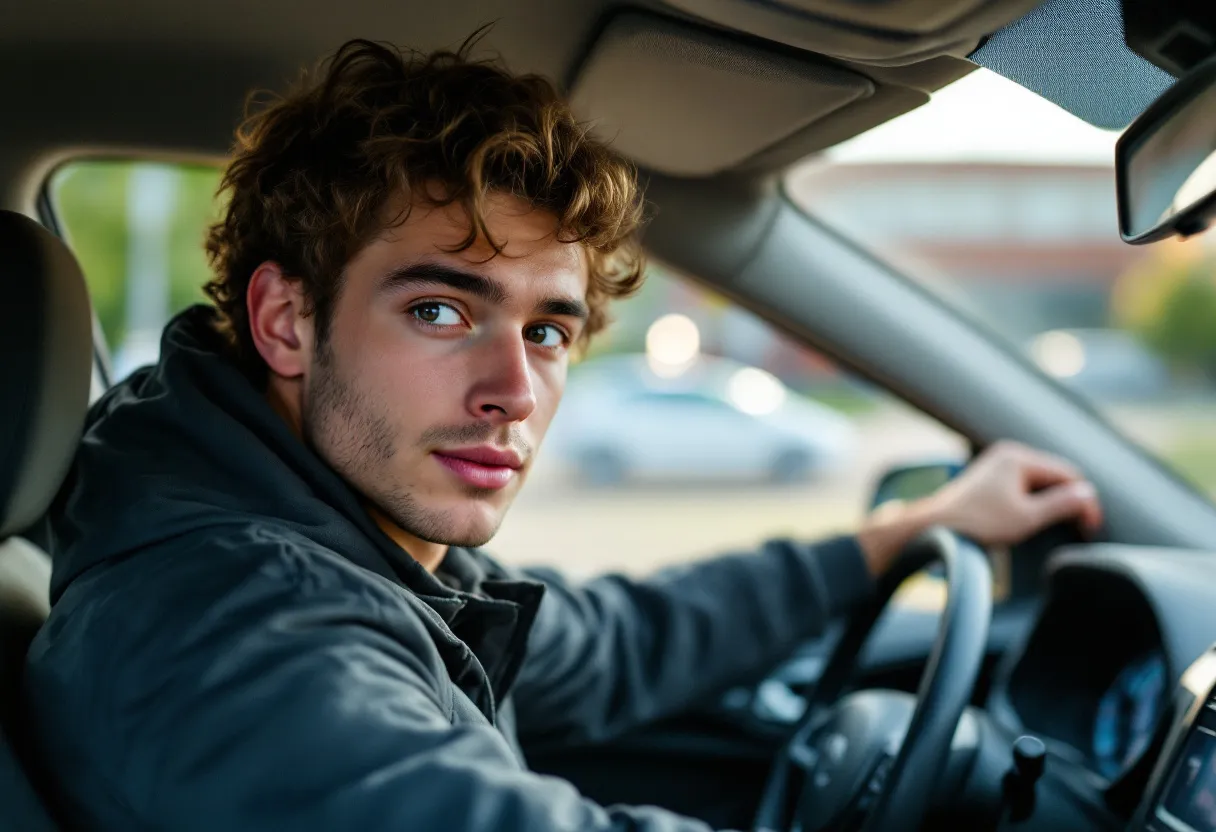 Een jonge chauffeur met een brede glimlach houdt een autosleutel vast voor een geparkeerde tweedehandsauto op een zonnige parkeerplaats in een Vlaamse stad, met op de achtergrond een verkeersschoolgebouw.