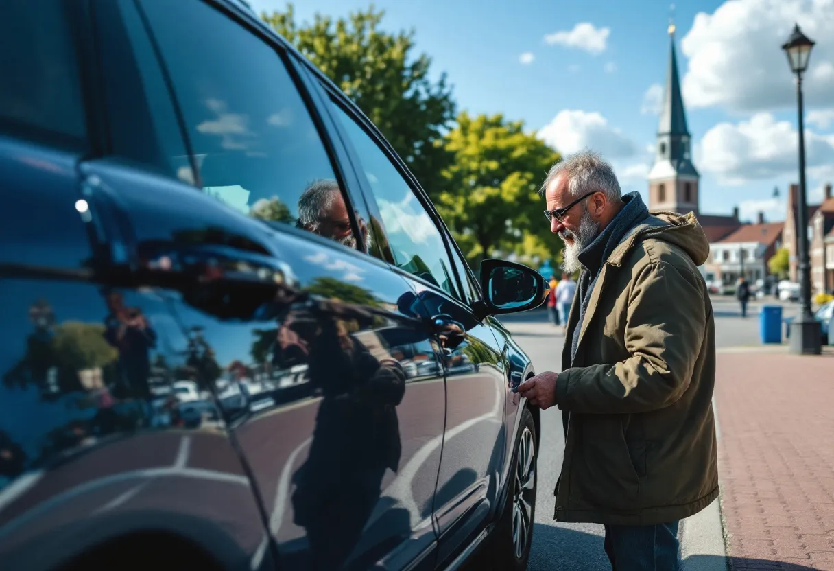 Een fotorealistische foto van een koppel dat op een zonnige dag een moderne blauwe tweedehandsauto inspecteert op een parkeerplaats bij een Vlaams kanaal, met op de achtergrond een kerk en rijtjeshuizen.